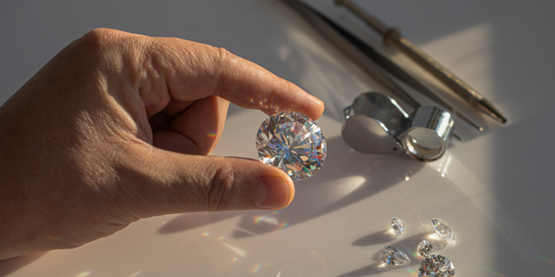Eine Hand, die einen großen Diamanten hält